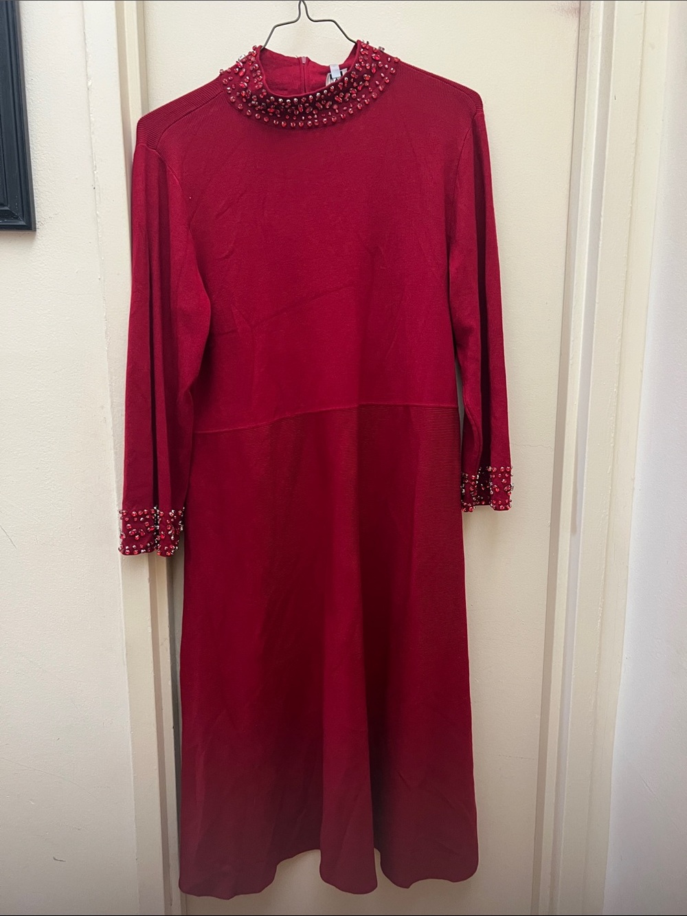 Anne Klein Red Beaded Mock Neck Long Sleeve Dress